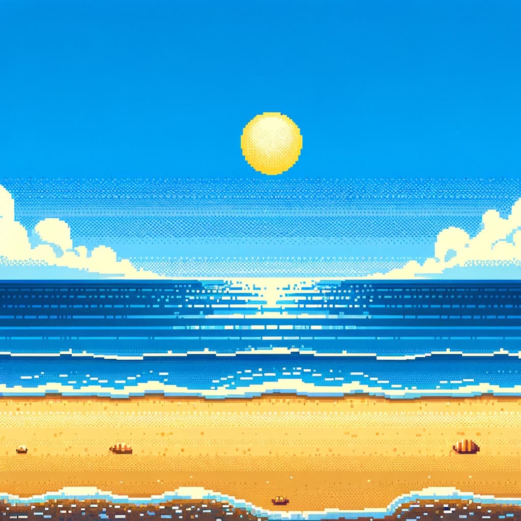 A picture of the shoreline in pixel art
